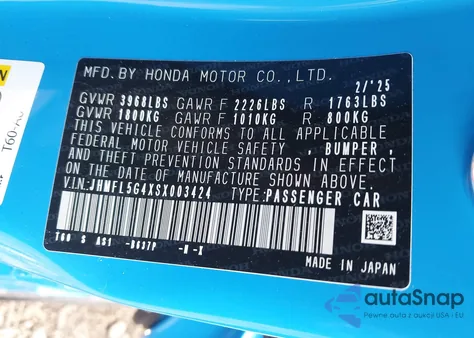 2025 Honda Civic Type R z USA, uszkodzony, nr VIN JHMFL5G4XSX003424